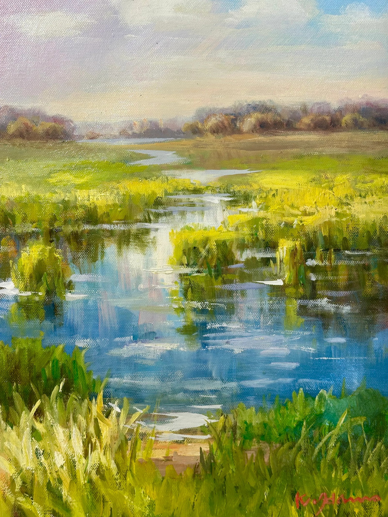 Marsh Coastal Landscape Oil Painting on Canvas by K. Hanna - 12" X 16" - 2
