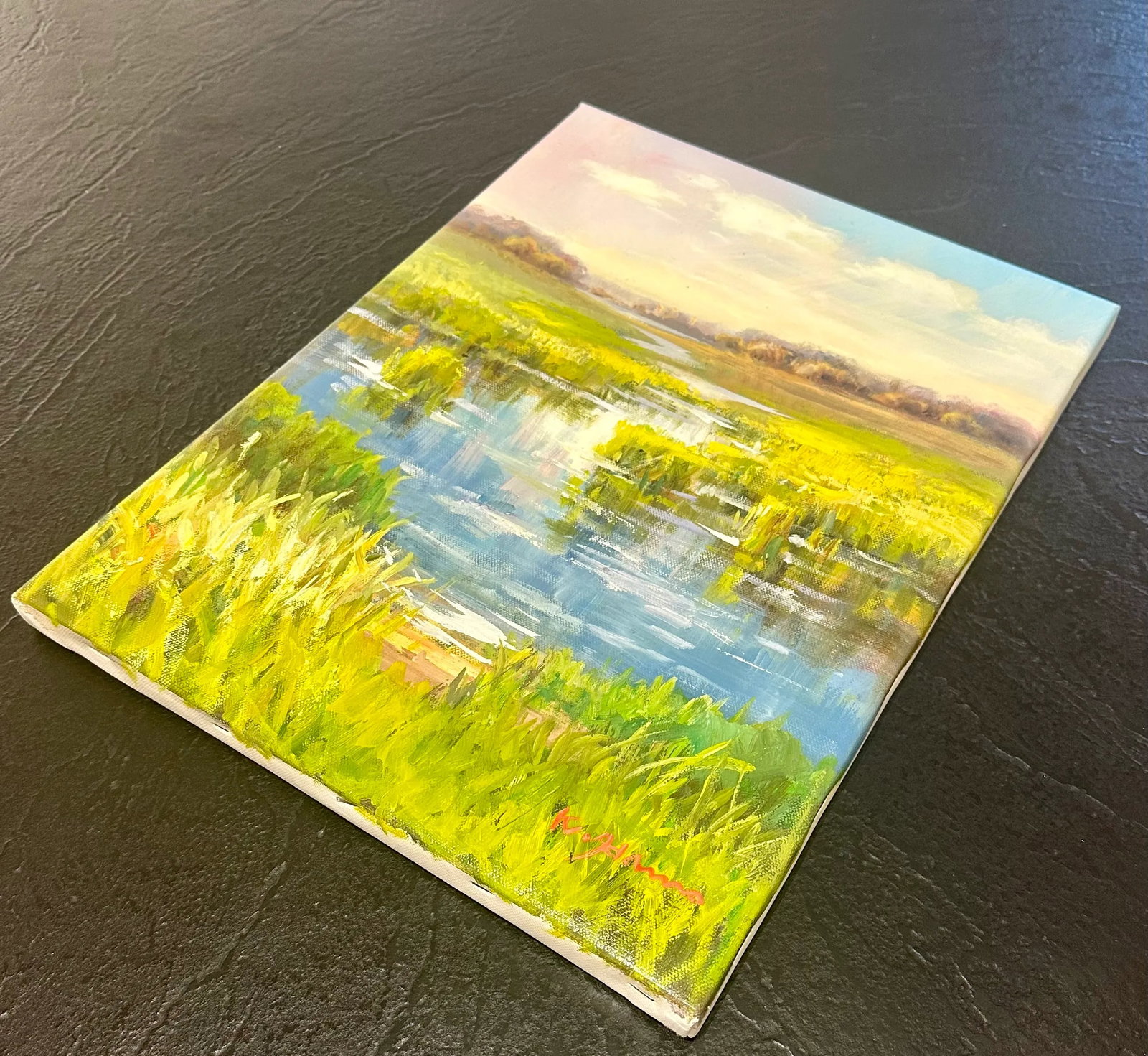 Marsh Coastal Landscape Oil Painting on Canvas by K. Hanna - 12" X 16" - 3