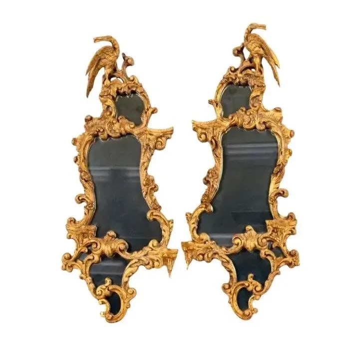 Chinese Chippendale Giltwood Mirrors With Phoenix Bird a Pair - 9