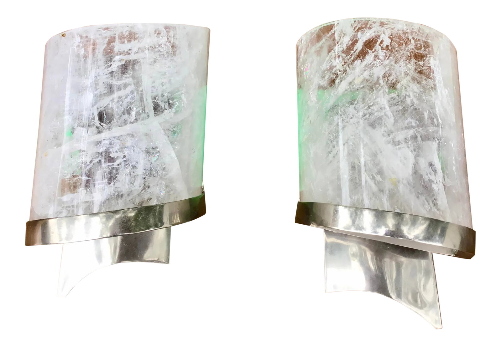 Rock Crystal and Chrome Wall Sconces - a Pair: Elegant 0ne of a kind pair of modern hand carved and polished natural rock crystal wall sconces with chrome finished frames. Rock crystal is a semi-precious stone mined from the earth. The chrome fram