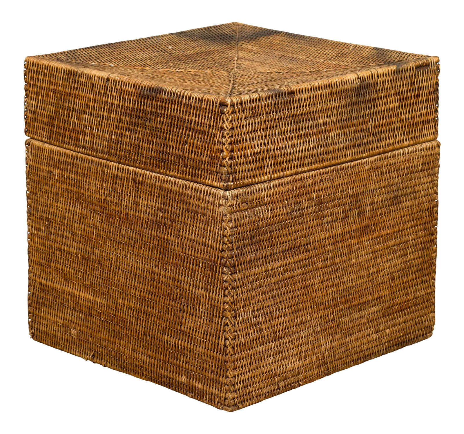 Rustic Burmese Vintage Square Shaped Rattan Basket with Weathered Patina: A vintage Burmese square rattan basket with weathered appearance. Born in Burma during the midcentury period, this rustic rattan basket features a square shape, accented by nicely woven corners and a