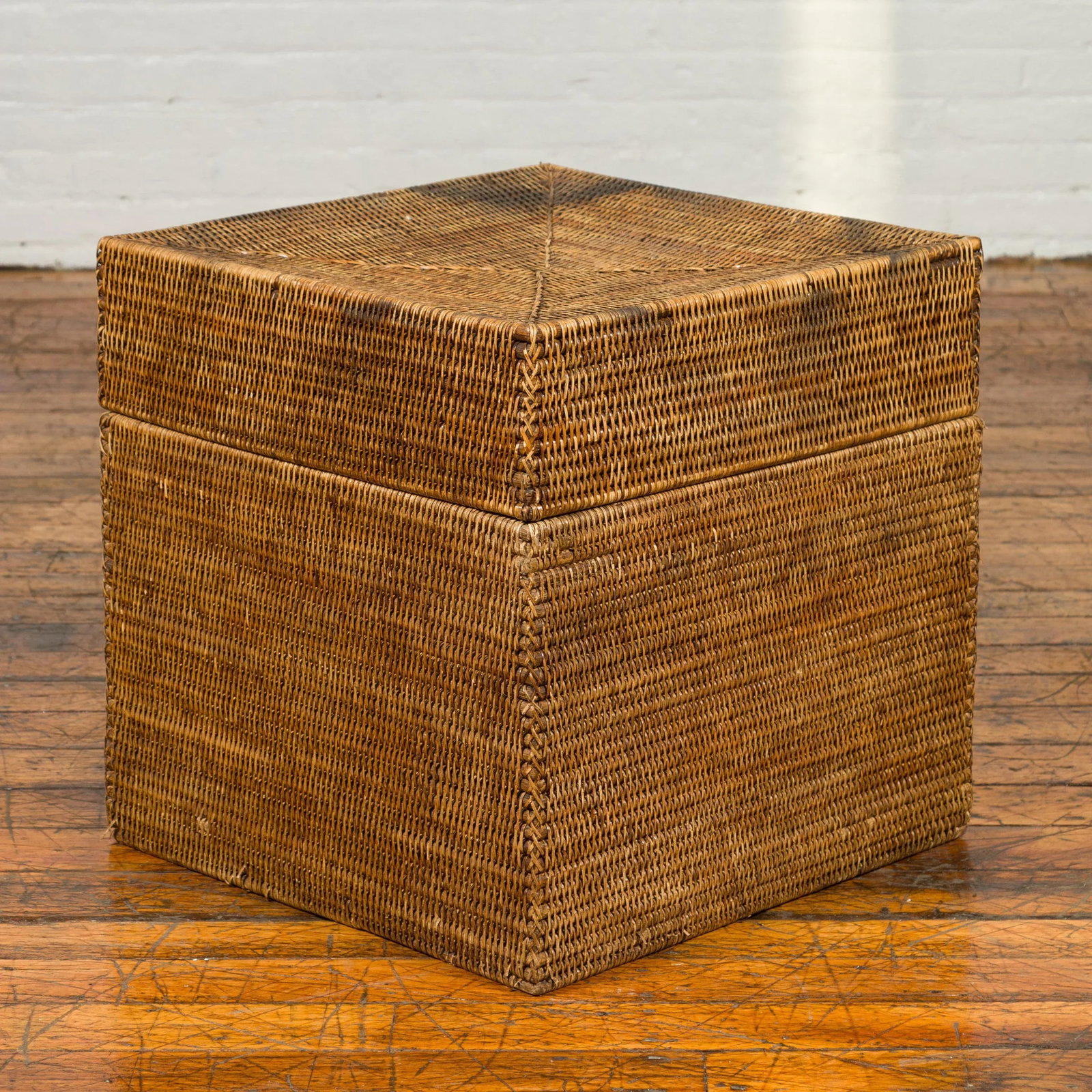 Rustic Burmese Vintage Square Shaped Rattan Basket with Weathered Patina - 2