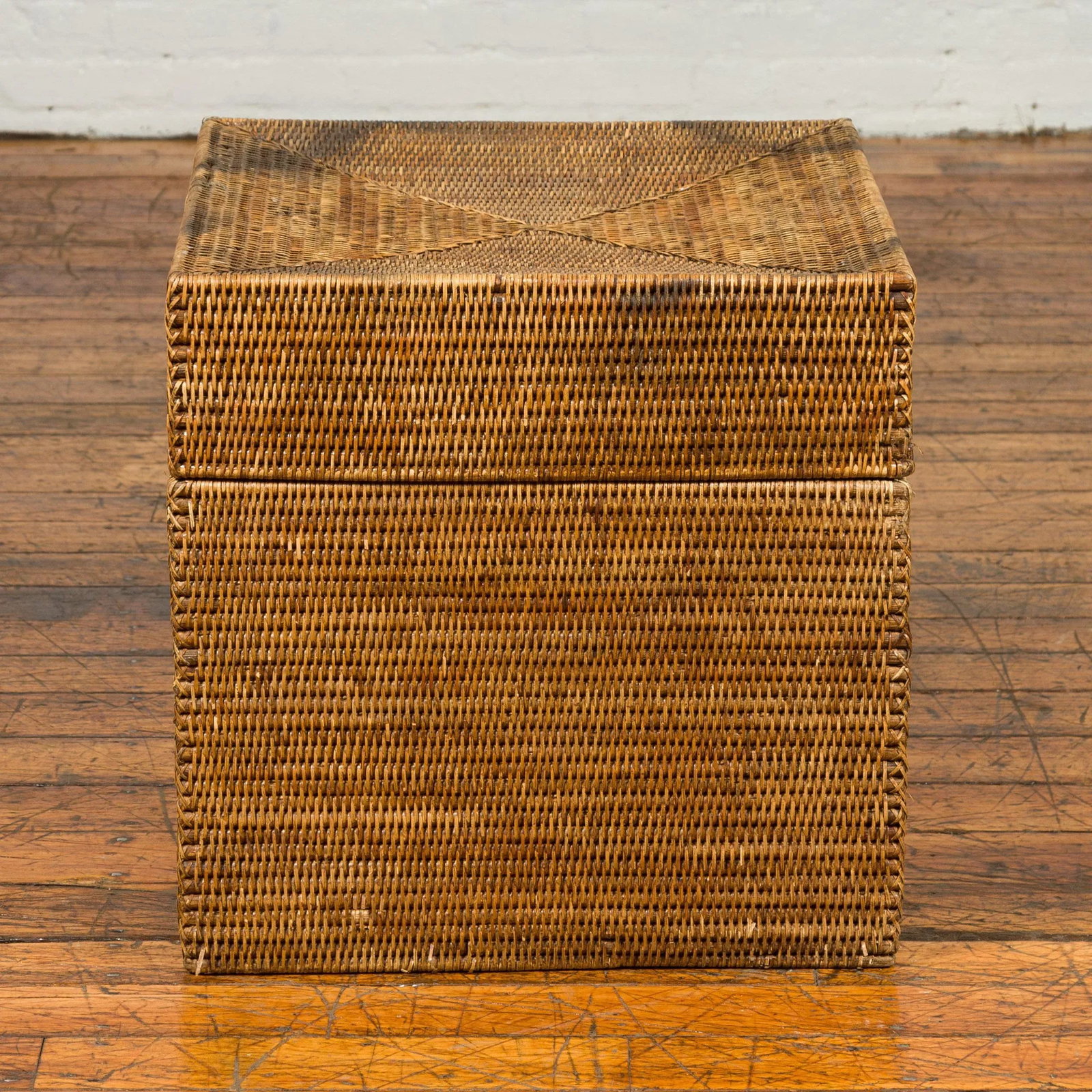 Rustic Burmese Vintage Square Shaped Rattan Basket with Weathered Patina - 3