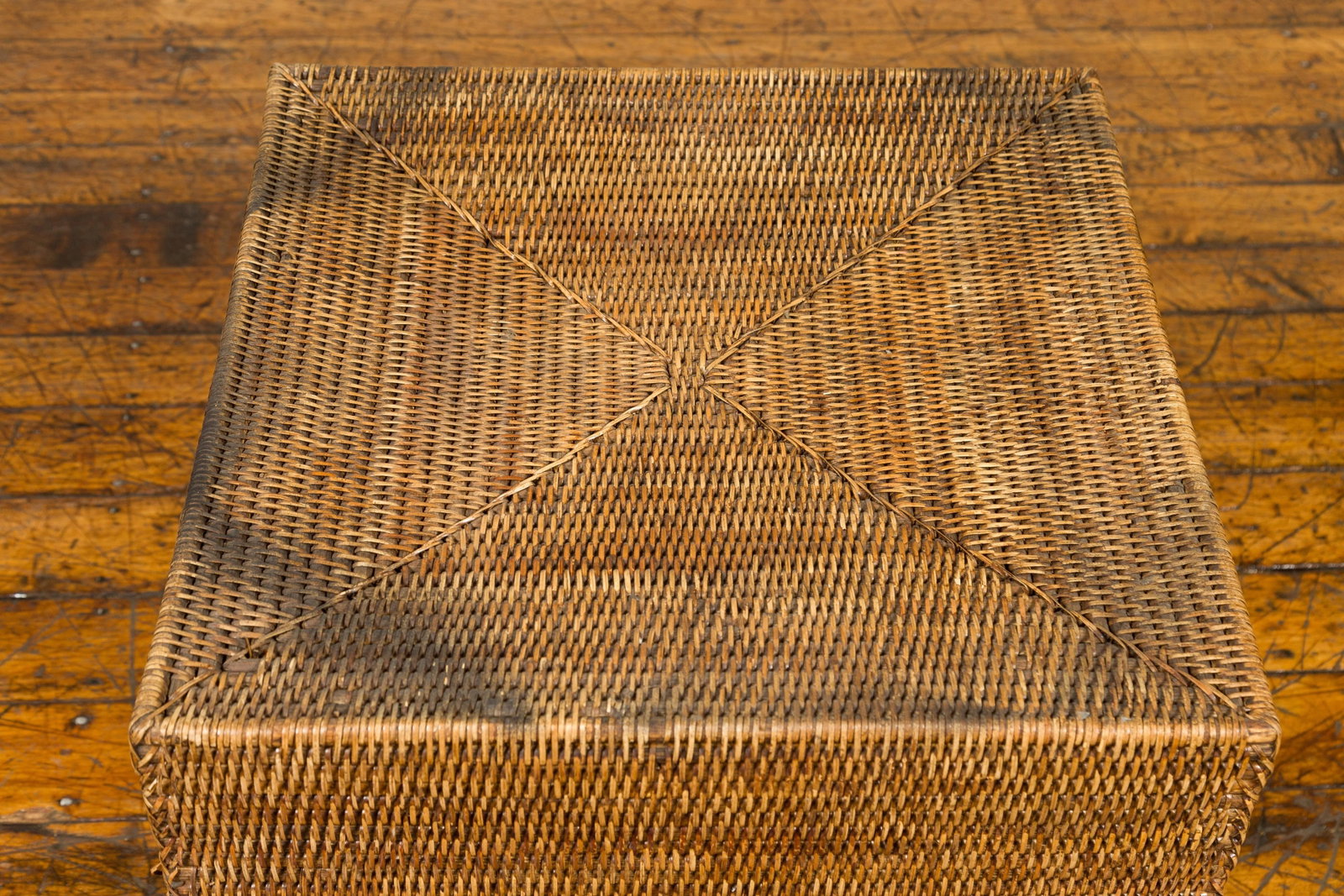 Rustic Burmese Vintage Square Shaped Rattan Basket with Weathered Patina - 4