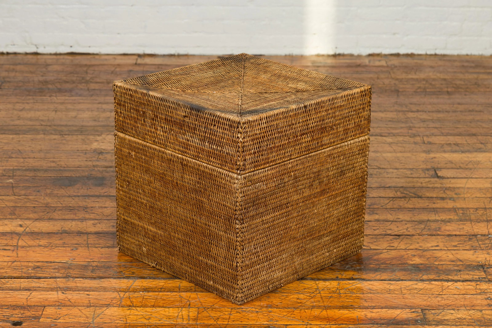 Rustic Burmese Vintage Square Shaped Rattan Basket with Weathered Patina - 6