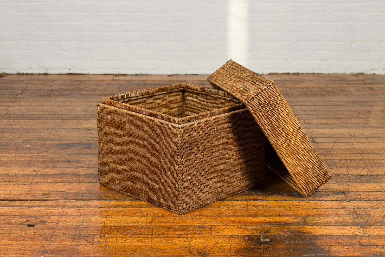 Rustic Burmese Vintage Square Shaped Rattan Basket with Weathered Patina - 7