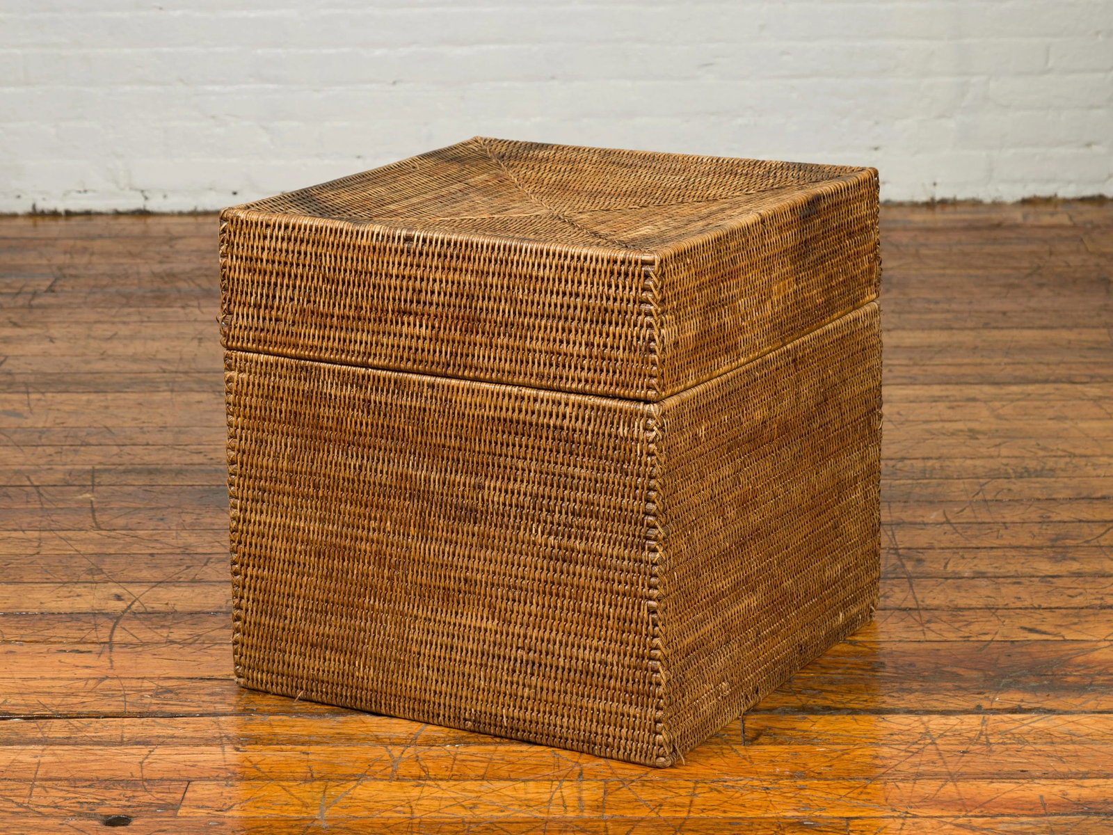 Rustic Burmese Vintage Square Shaped Rattan Basket with Weathered Patina - 9