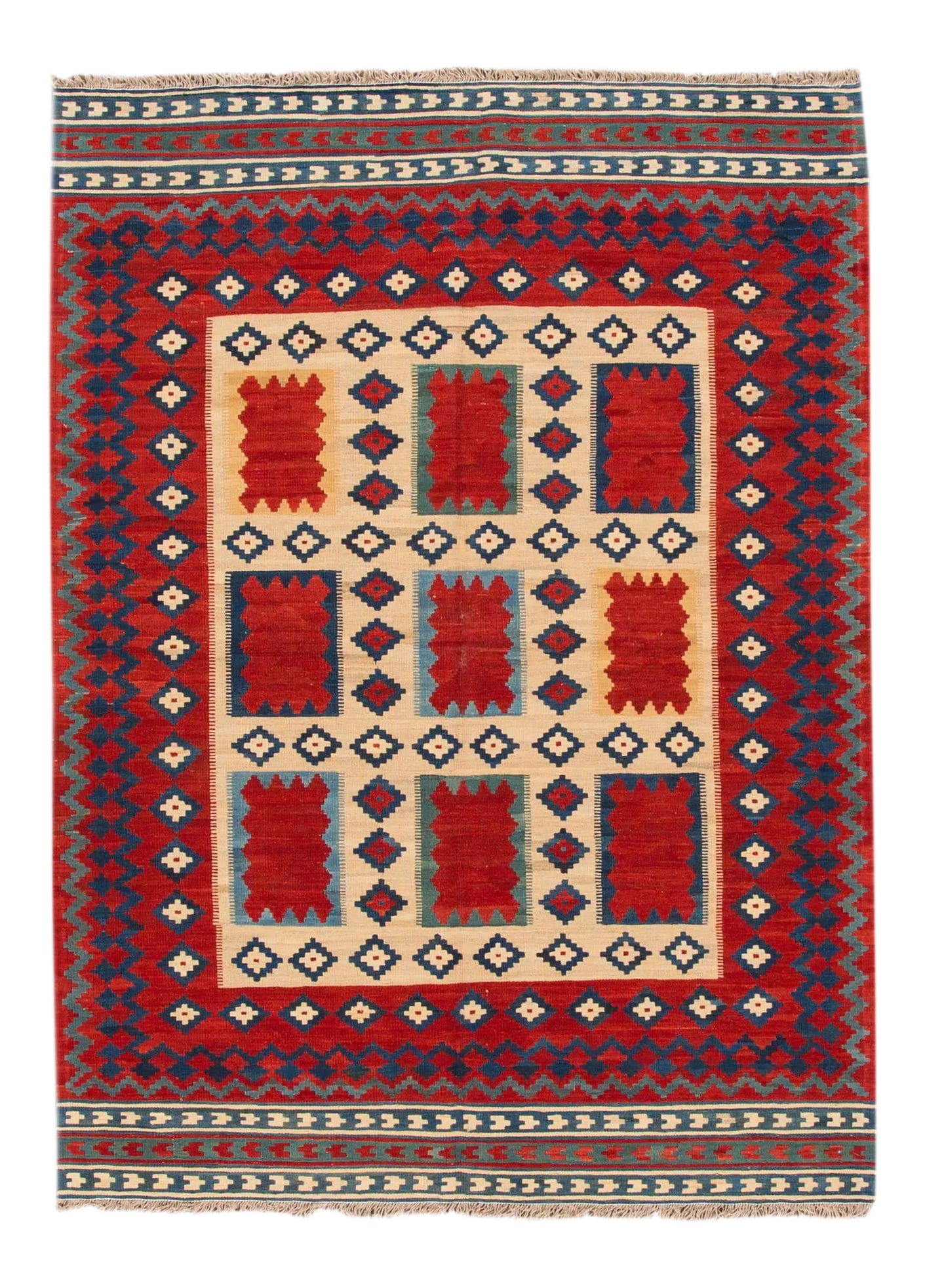 21st Century Modern Persian Kilim Rug, 5'5" X 7'4": Hand-woven modern Kilim with a geometric design. This piece has magnificent detailing and great colors, it would be the perfect addition to your home. Material: wool Condition: Imperfections: No