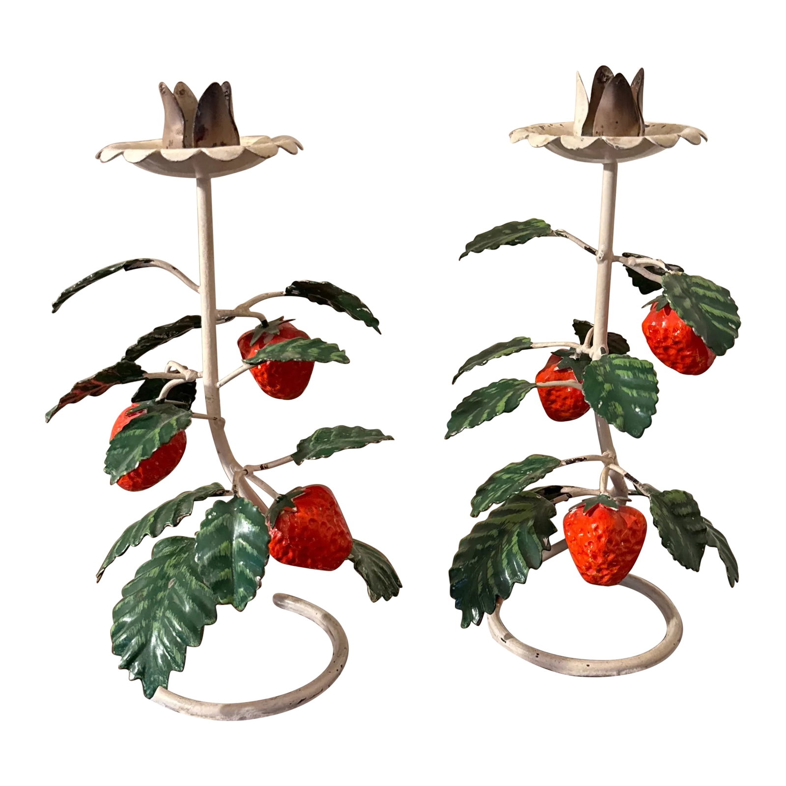 Vintage Italian Strawberry Told Candlesticks- a Pair: Beautiful vintage unusual style painted tall, strawberry candlestick holders great looking size Condition: Alterations: Original Condition Unaltered Imperfections: Some Imperfections Condition Notes: