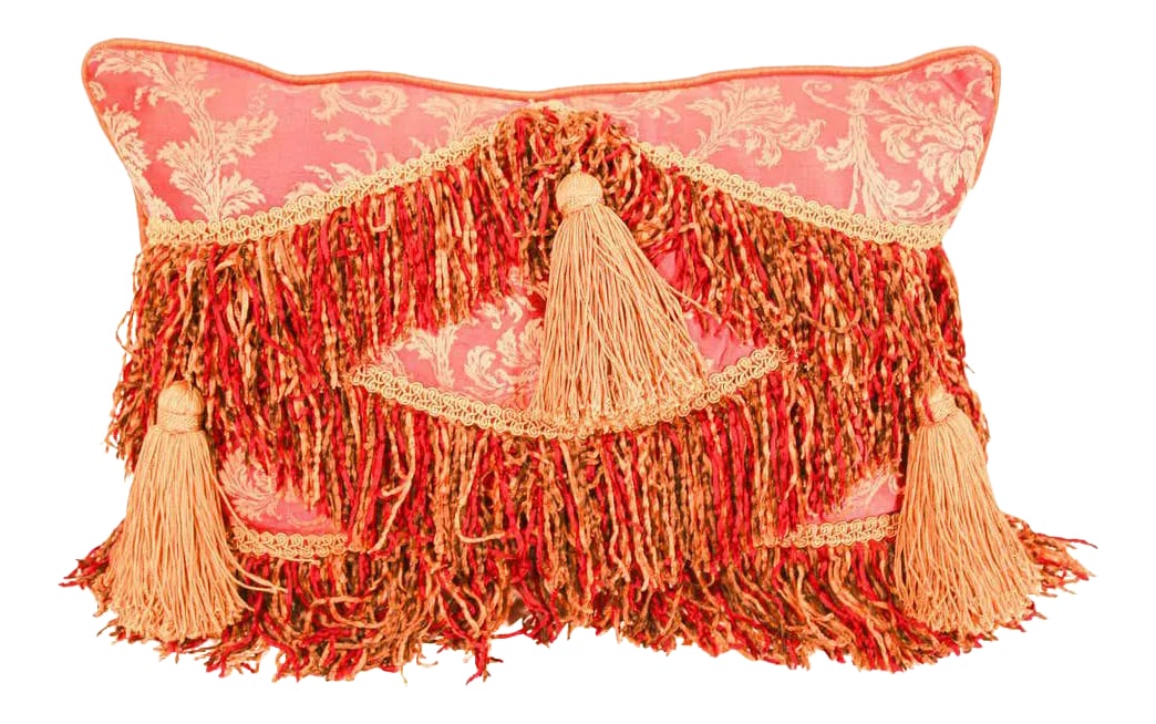 Middle Eastern Decorative Red Throw Pillow: Middle Eastern decorative throw pillow with fringes and tassels . Luxury silk in red and gold with an accent textile and decorative silk trim has been applied to finish the edges. Condition: Alteratio