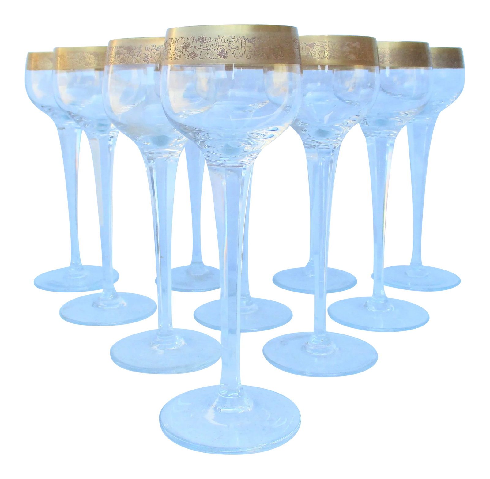 Long Stemmed Hoch White Wine Goblets - Set of 10: Long Stem Hoch handblown with gilt rim. Size 8.5" tall, the foot is 3.1" diameter, the rim is 2.6" in diameter. White wine service for 10. Condition: Alterations: Original Condition Unaltered