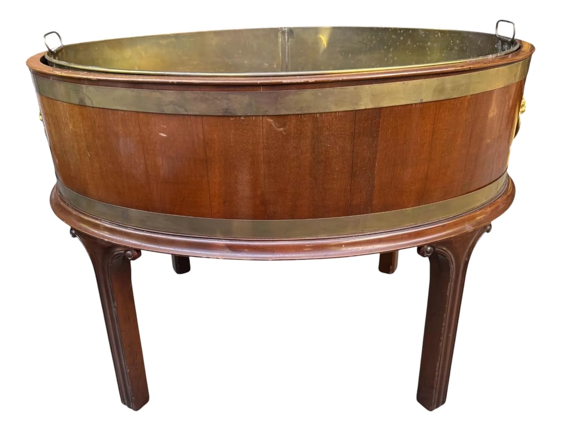 Late 20th Century George III Mahogany Oval Brass Bound Wine Cooler or Plant Stand With Lion Head Han (1 of 12)