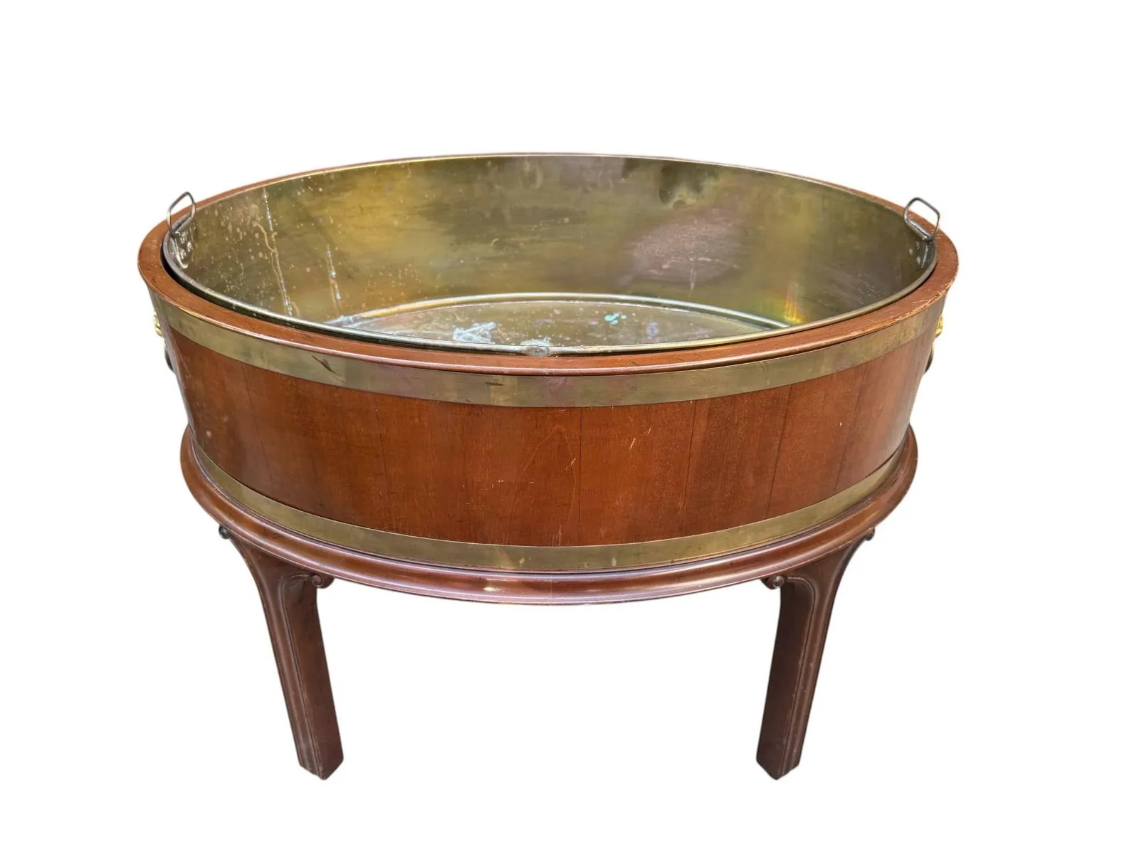 Late 20th Century George III Mahogany Oval Brass Bound Wine Cooler or Plant Stand With Lion Head Han - 8