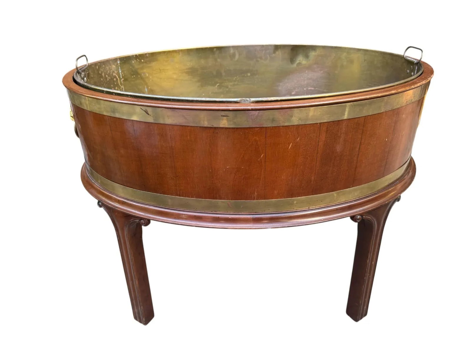 Late 20th Century George III Mahogany Oval Brass Bound Wine Cooler or Plant Stand With Lion Head Han - 9