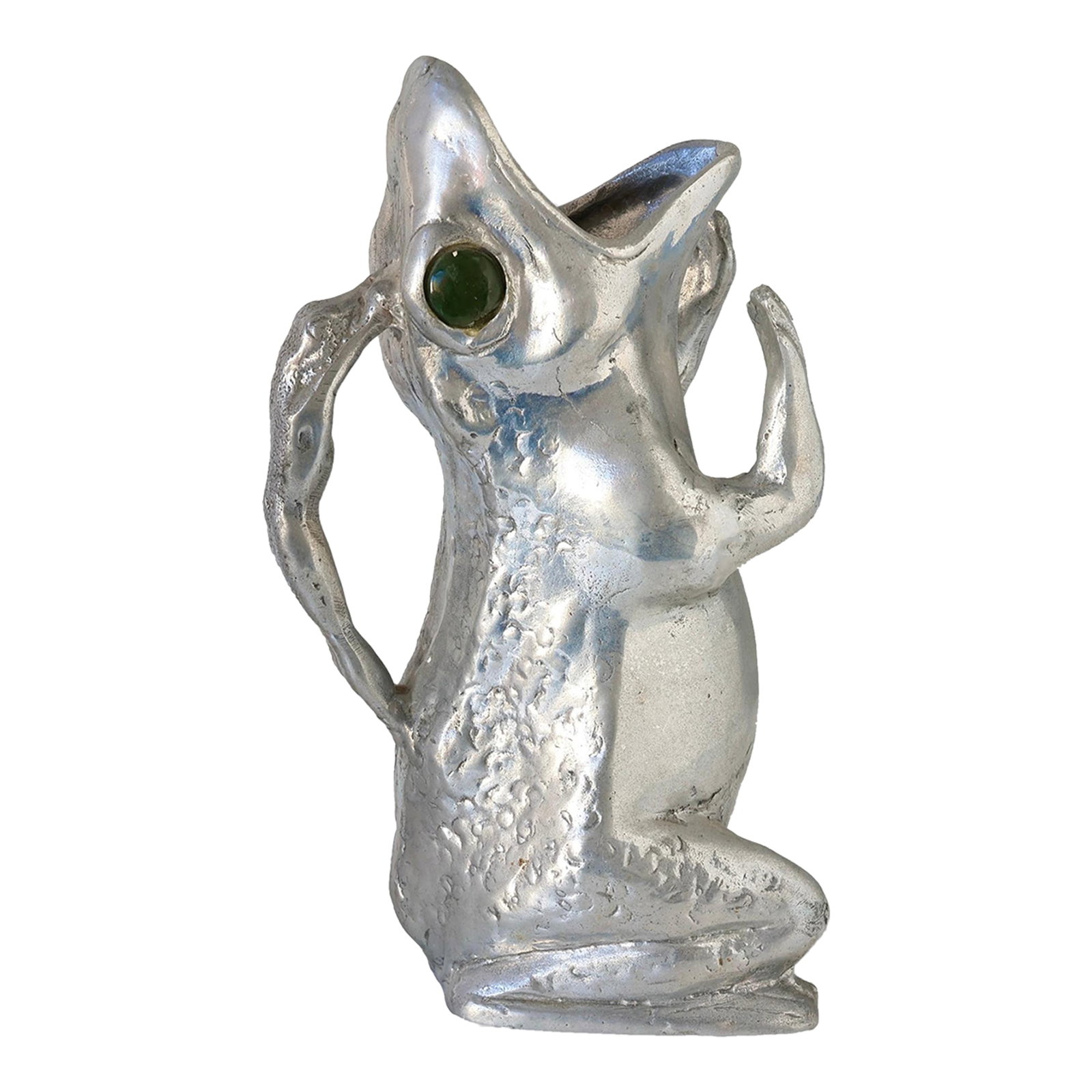 1970s Arthur Court Figural Frog Pitcher: A whimsical and highly collectible piece from Arthur Court's nature-inspired designs. This charming figural pitcher takes the form of a crouching frog, mouth open wide for pouring, with textured