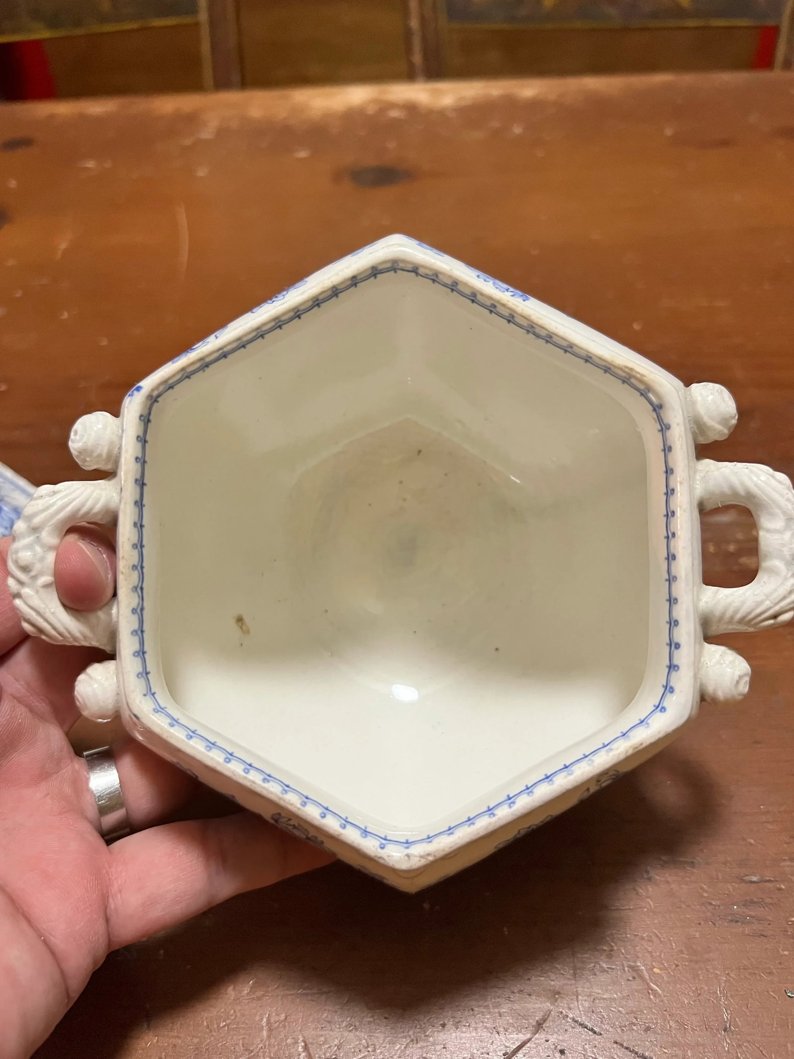 Antique English Staffordshire Blue Transfer Decorated Sauce Tureen "Windsor Festoon" - 10
