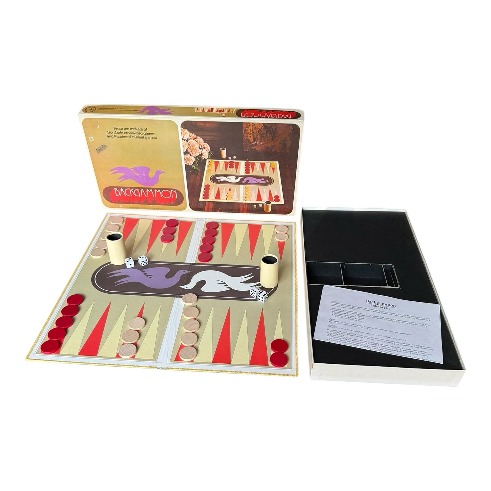 Vintage 1975 Backgammon Board Game Set: Vintage 1975 Backgammon Game Board Set Set is complete. Classic 1970 graphics. 18.25" long x 9.75" wide x 1.75" high Excellent condition of game board and pieces. The outside cover shows marks and