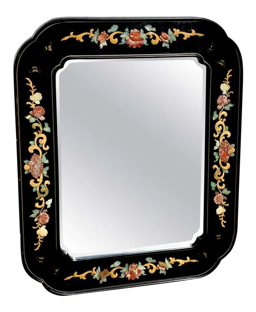 Mid 20th Century Chinese Export Lacquer and Hardstone Mirror: Chinese export lacquer and hardstone mirror, with various hardstone floral inlays in a gilt lacquer cartouche frame. The inset mirror is 22" x 29". Condition: Alterations: Unknown Imperfections: Some