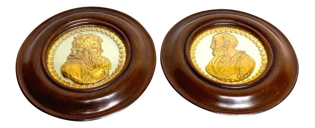 19th Century English Regency Framed Ormolu Portrait Plaques of St. Paul and Socrates - a Pair: Pair of English Regency framed ormolu portrait plaques of St. Paul & Socrates Exceptional quality and casting, beautifully framed with convex glass. Each plaque is mounted in a circular mahogany