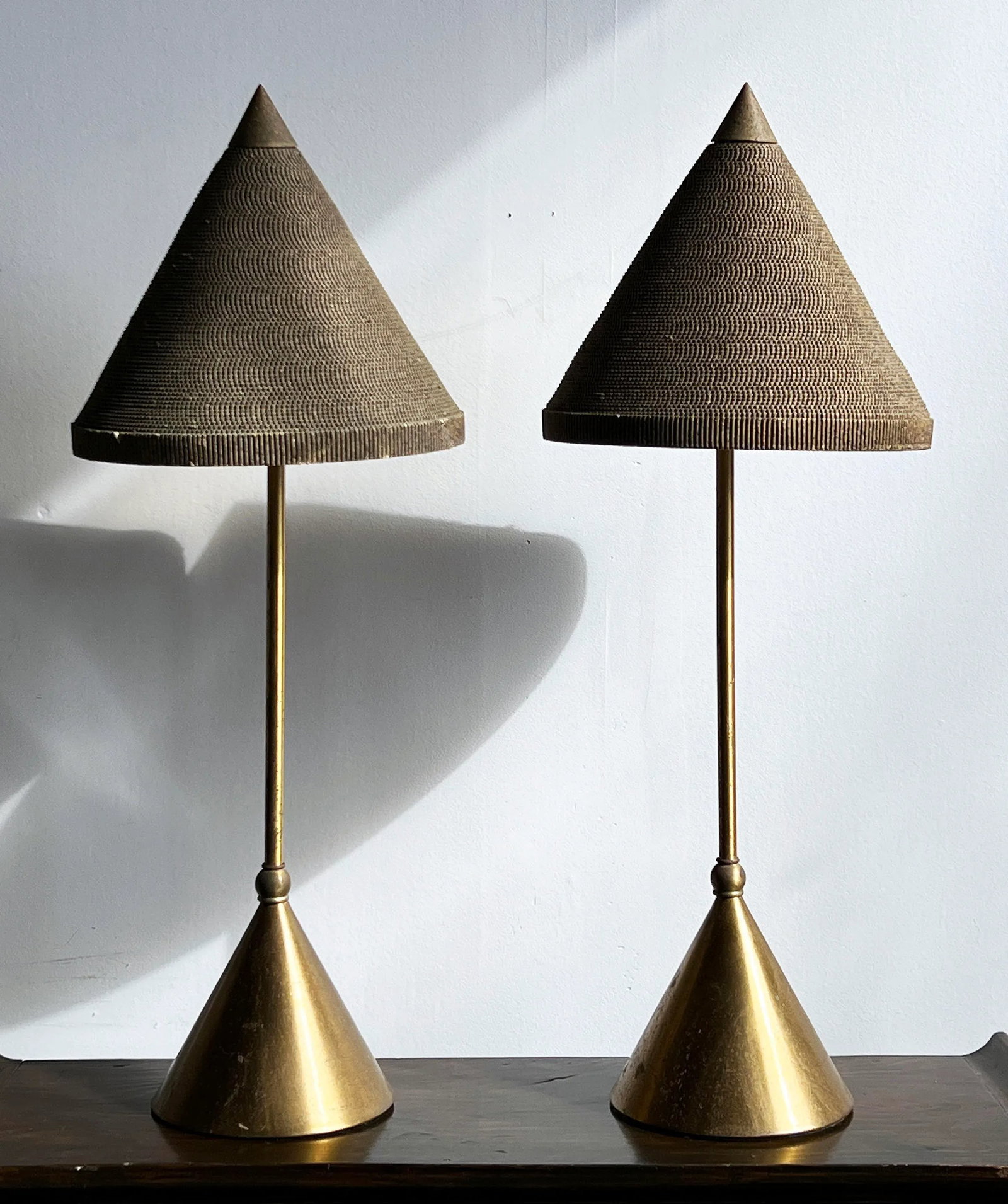 Flute of Chicago Brass Table Lamps With Conical Corrugated Cardboard Shades - a Pair - 2