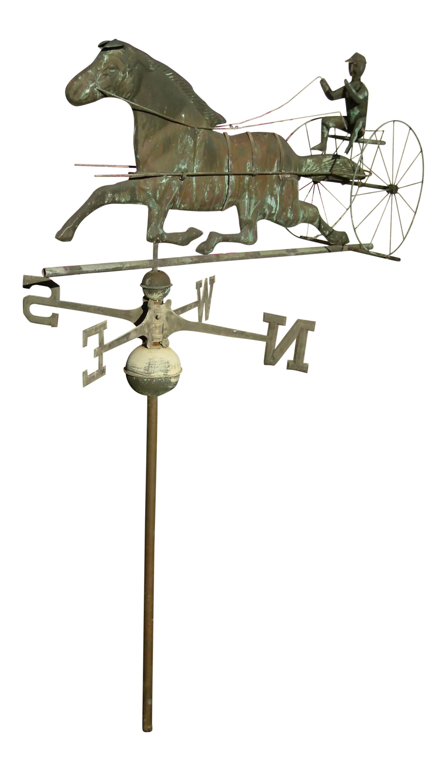 Vintage Horse and Buggy Coper Weathervane: Lovely and complete model ,( pole , N,S,N,W, sign horse and jockey subject) of weathervane , horse and buggy and jockey gives a lot of movement to the piece , lovely to use as a garden ornament or