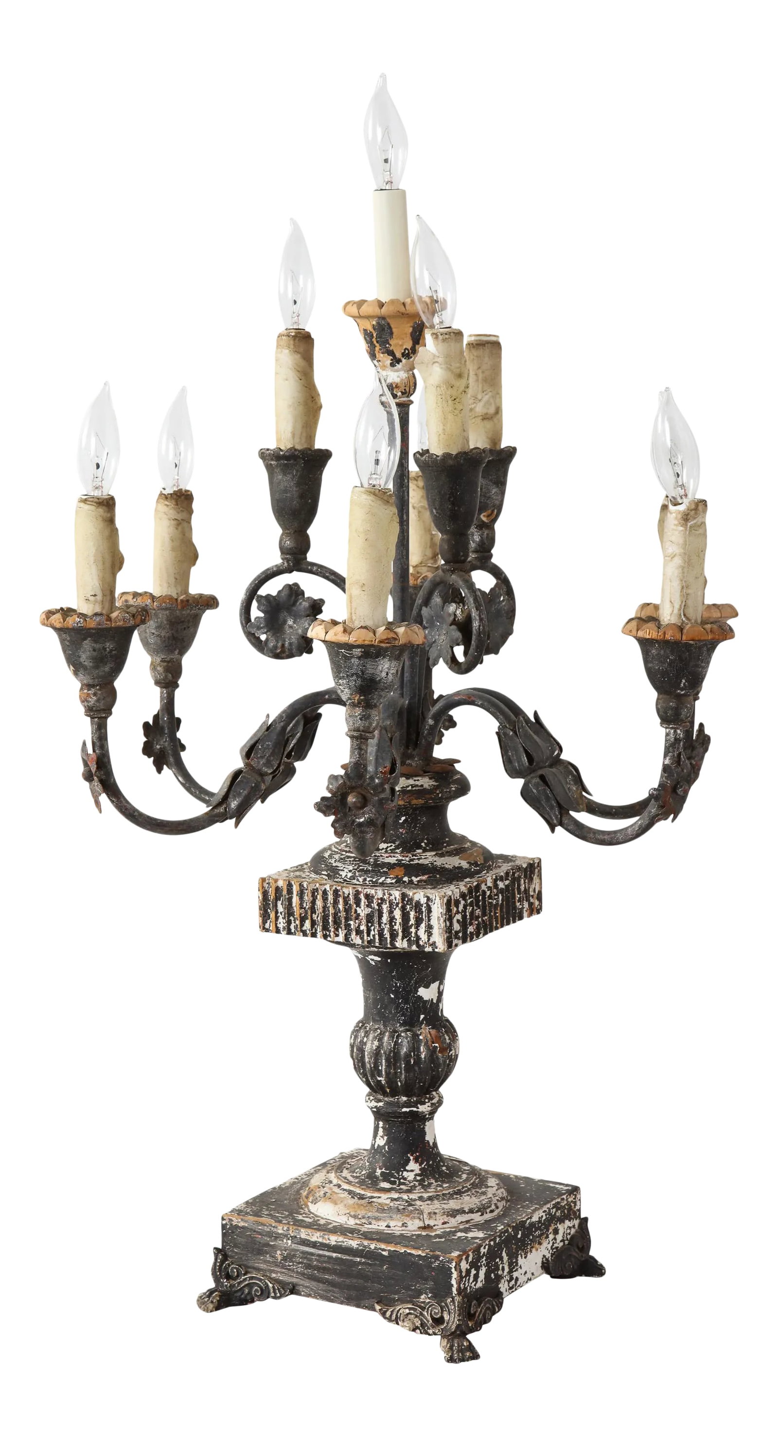 19th Century Italian Wood and Gesso Candelabra, Electrified: 19th century Italian wood and gesso candelabra which has modernized and electrified. Distressed but functional. Measures: 26.5" H x 15.5" W x 15.5" D 6.5" W x 6.25" D (base). Condition: Alterations: O