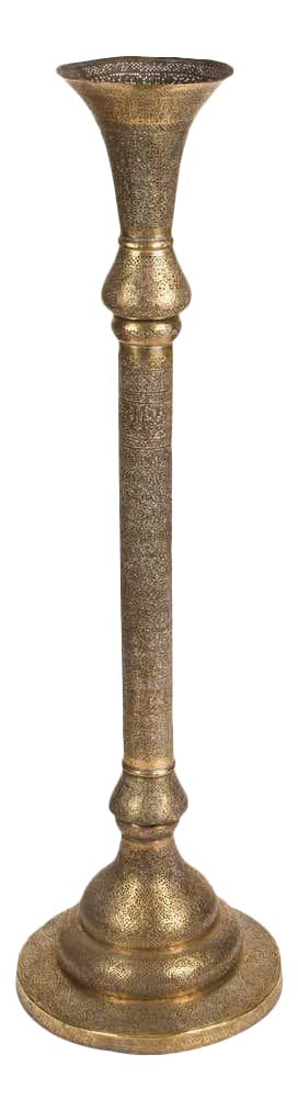 Antique Moorish Brass Candleholder Floor Lamp: Extremely fine antique 19th century Moorish Islamic floor candlestick in brass with Kufic Moorish revival pierced foliate openworks chased and chiseled with Persian calligraphy. Antique 19th century o