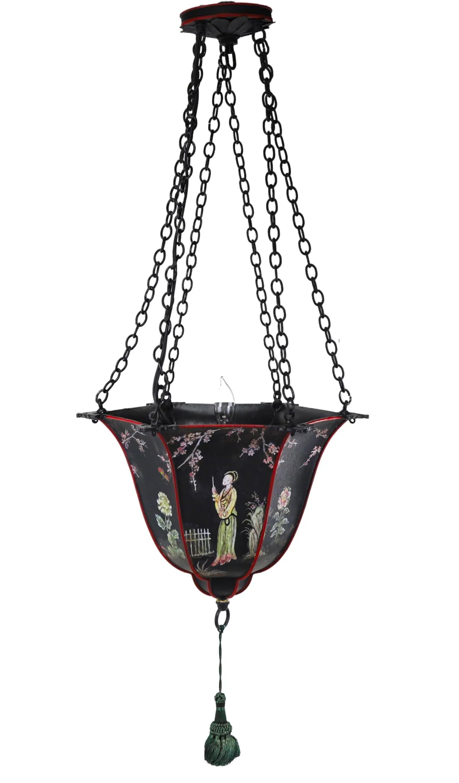 Antique Arts & Crafts Chinoiserie Metal Hand Painted Bell Chandelier - 11