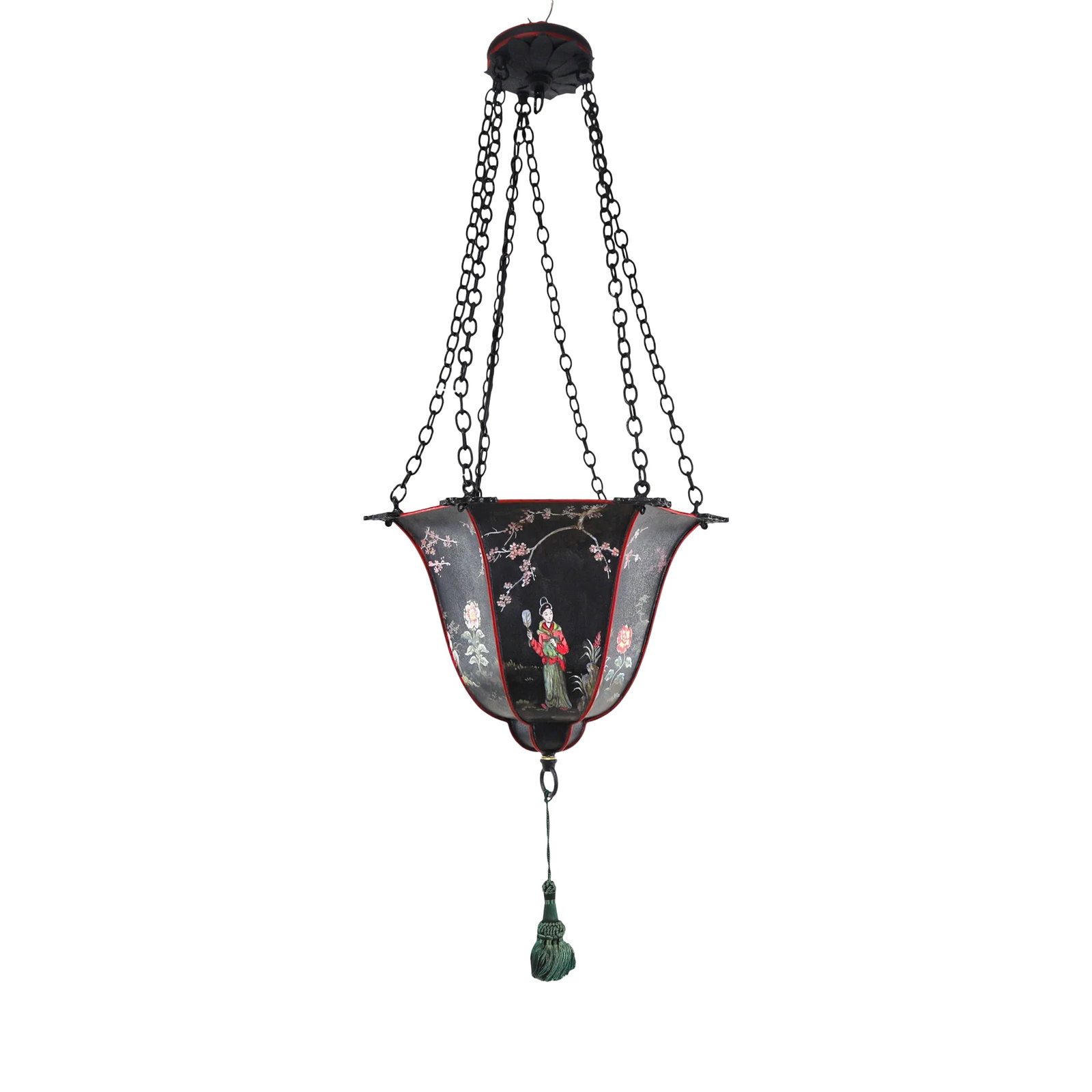 Antique Arts & Crafts Chinoiserie Metal Hand Painted Bell Chandelier (1 of 11)