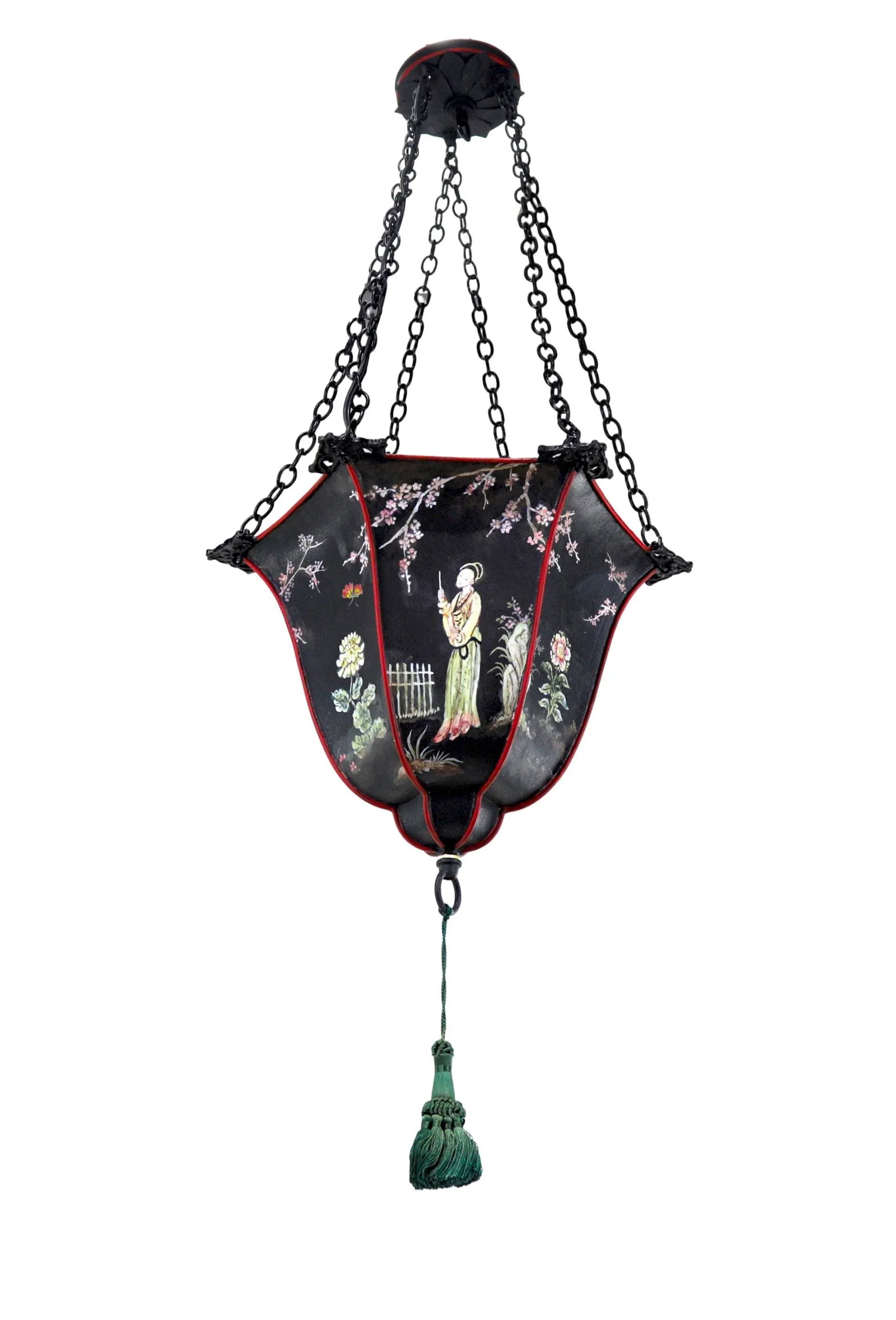 Antique Arts & Crafts Chinoiserie Metal Hand Painted Bell Chandelier - 3