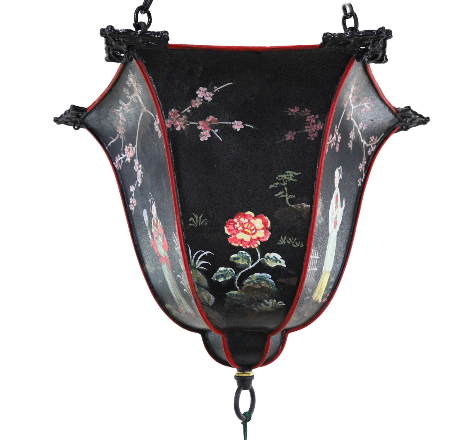Antique Arts & Crafts Chinoiserie Metal Hand Painted Bell Chandelier - 4