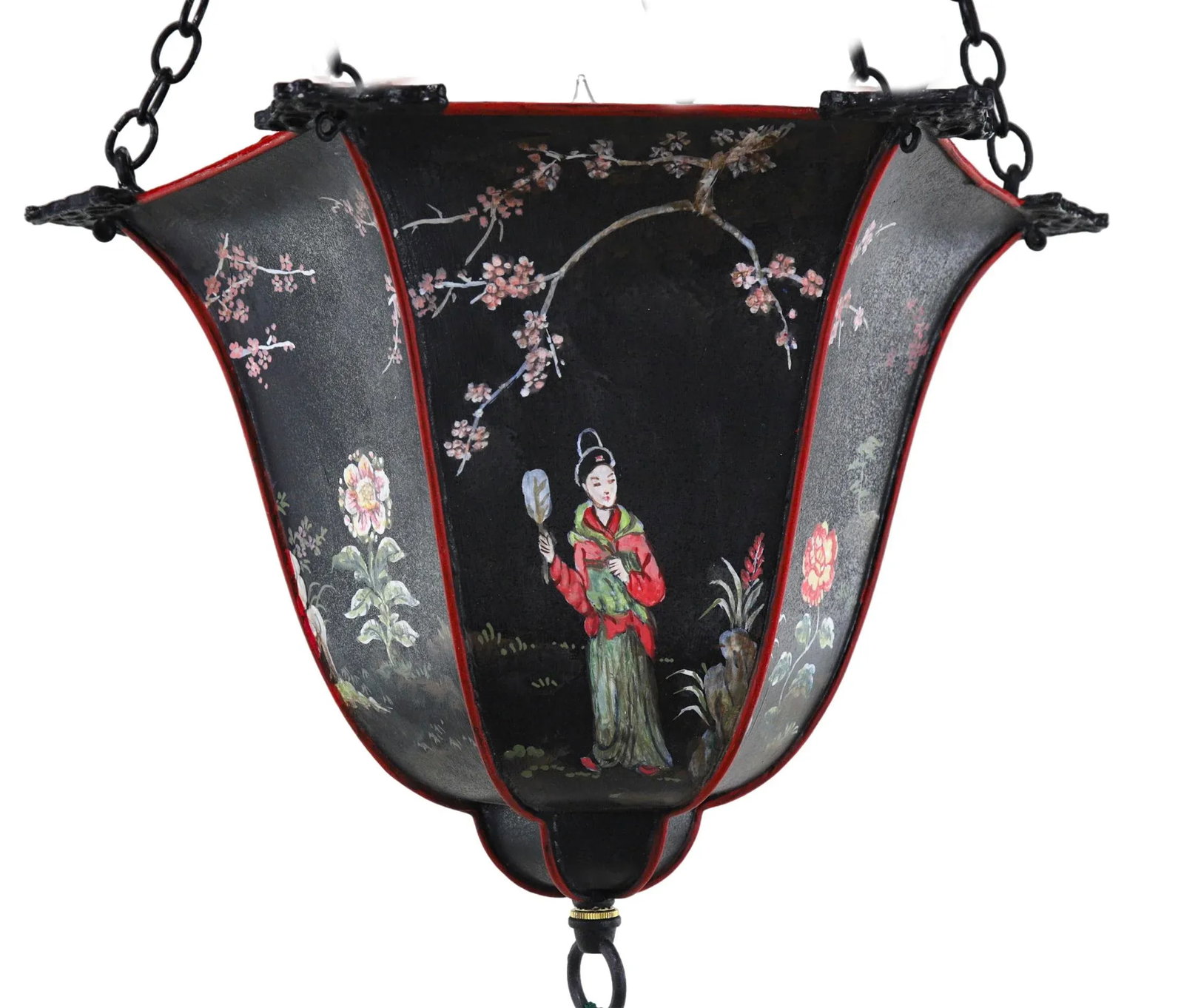 Antique Arts & Crafts Chinoiserie Metal Hand Painted Bell Chandelier - 5