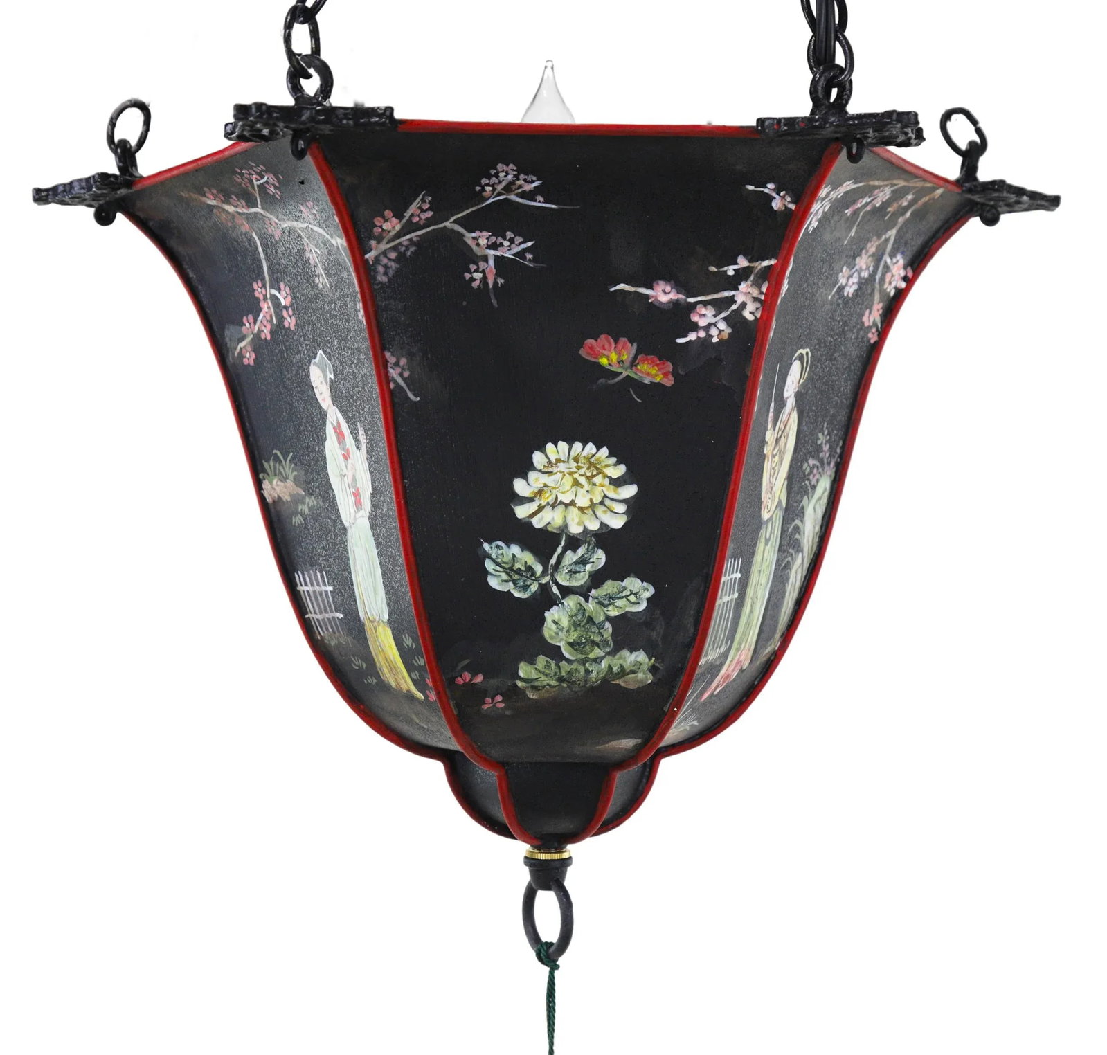 Antique Arts & Crafts Chinoiserie Metal Hand Painted Bell Chandelier - 6