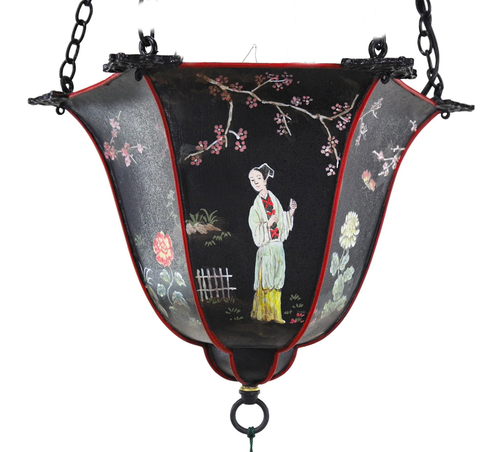 Antique Arts & Crafts Chinoiserie Metal Hand Painted Bell Chandelier - 7