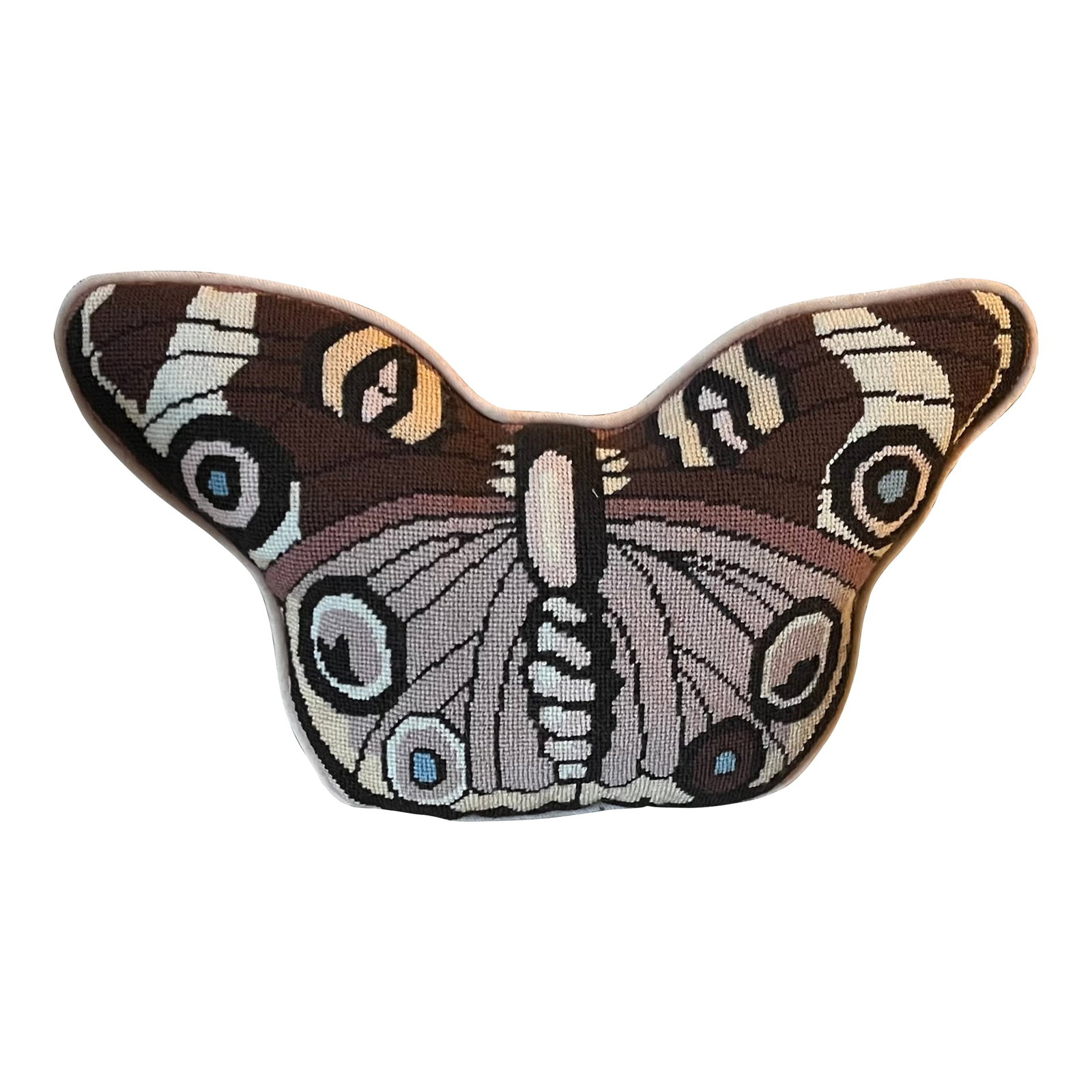 Mid-Century Modern Needlepoint Butterfly Pillow: Mid-Century wool needlepoint butterfly pillow with cream back. Finished with self welting or piping at the edge. Measures 14" across wing span x 8" tall x 3" thick. Good condition. Condition: