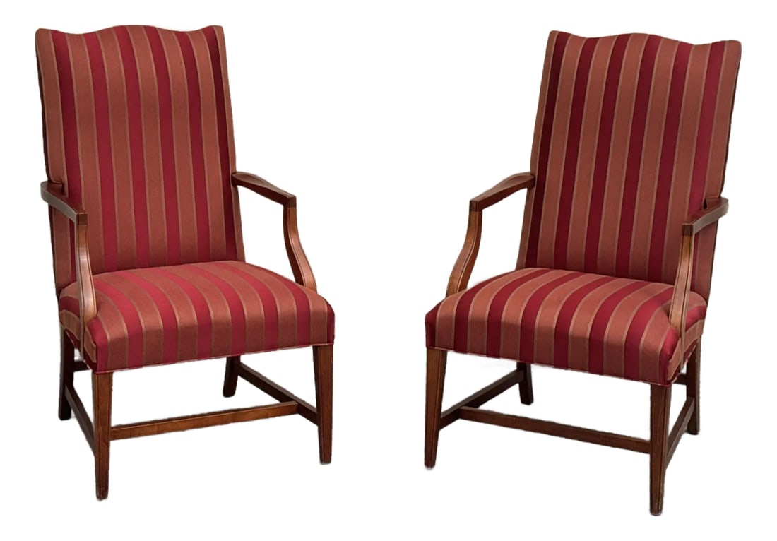 Late 20th Century Pair of Ethan Allen Mahogany Armchairs With Striped Upholstery: A distinguished pair of Ethan Allen mahogany armchairs in pristine condition, featuring a classic red and gold striped upholstery. Condition: Alterations: Original Condition Unaltered Imperfections: S