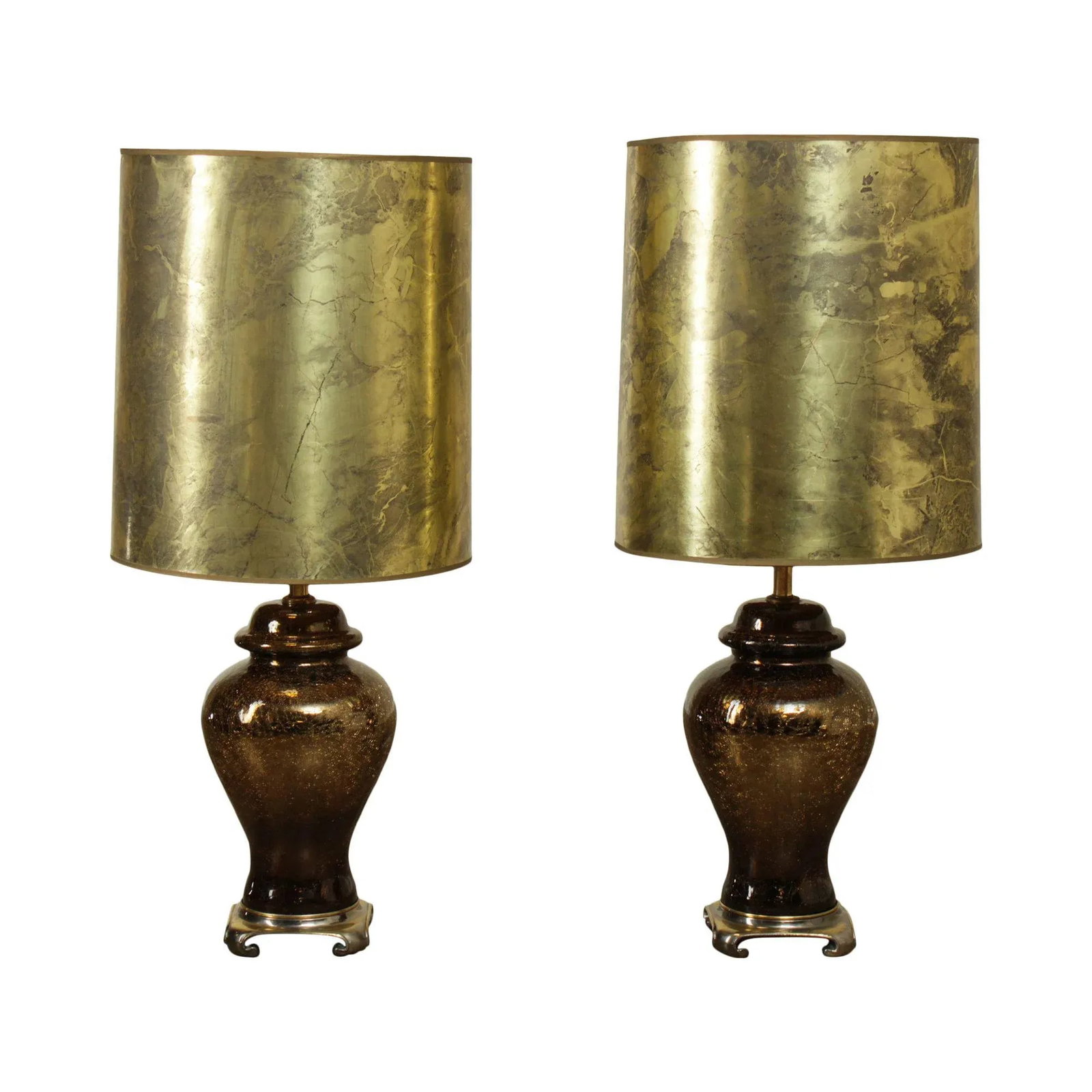 Hollywood Regency 1970s Vintage Gold Crackle Glass Ginger Jar Lamps - a Pair - 13