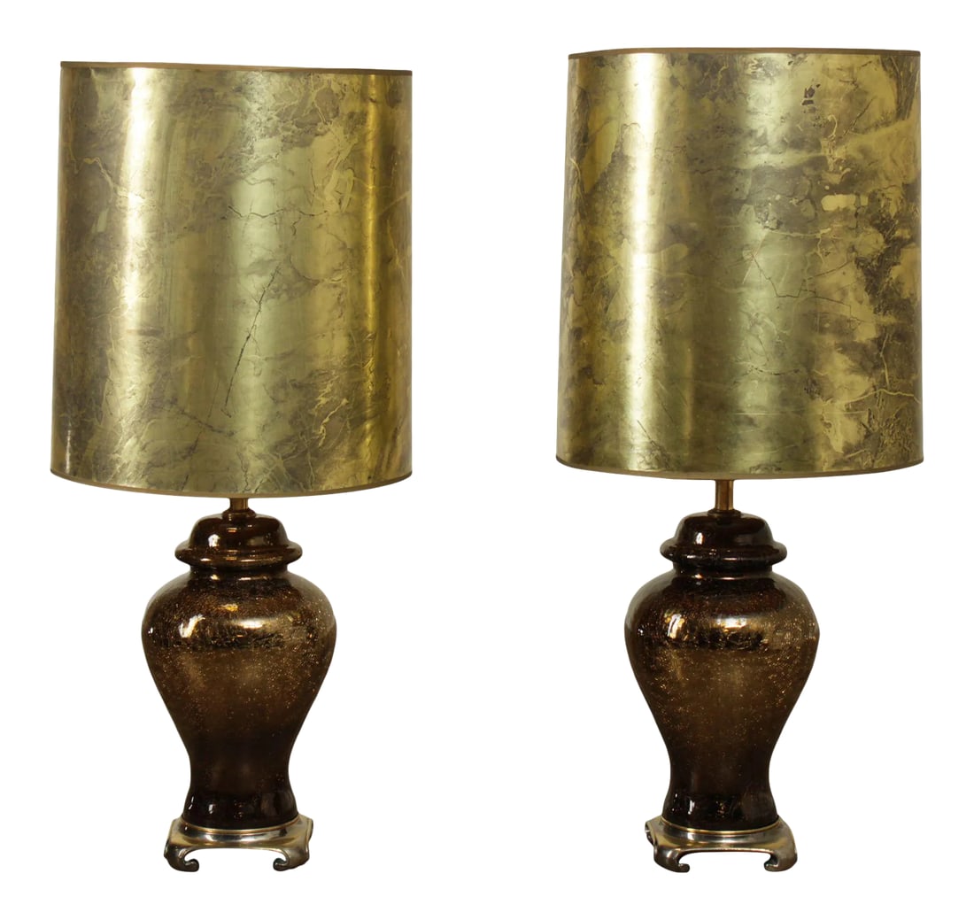 Hollywood Regency 1970s Vintage Gold Crackle Glass Ginger Jar Lamps - a Pair: High Quality Vintage Crackle Glass Ginger Jar Shaped Pair of Asian Inspired Lamps with Gold Foiled Paper Shades Condition: Alterations: Original Condition Unaltered Imperfections: Some Imperfections C