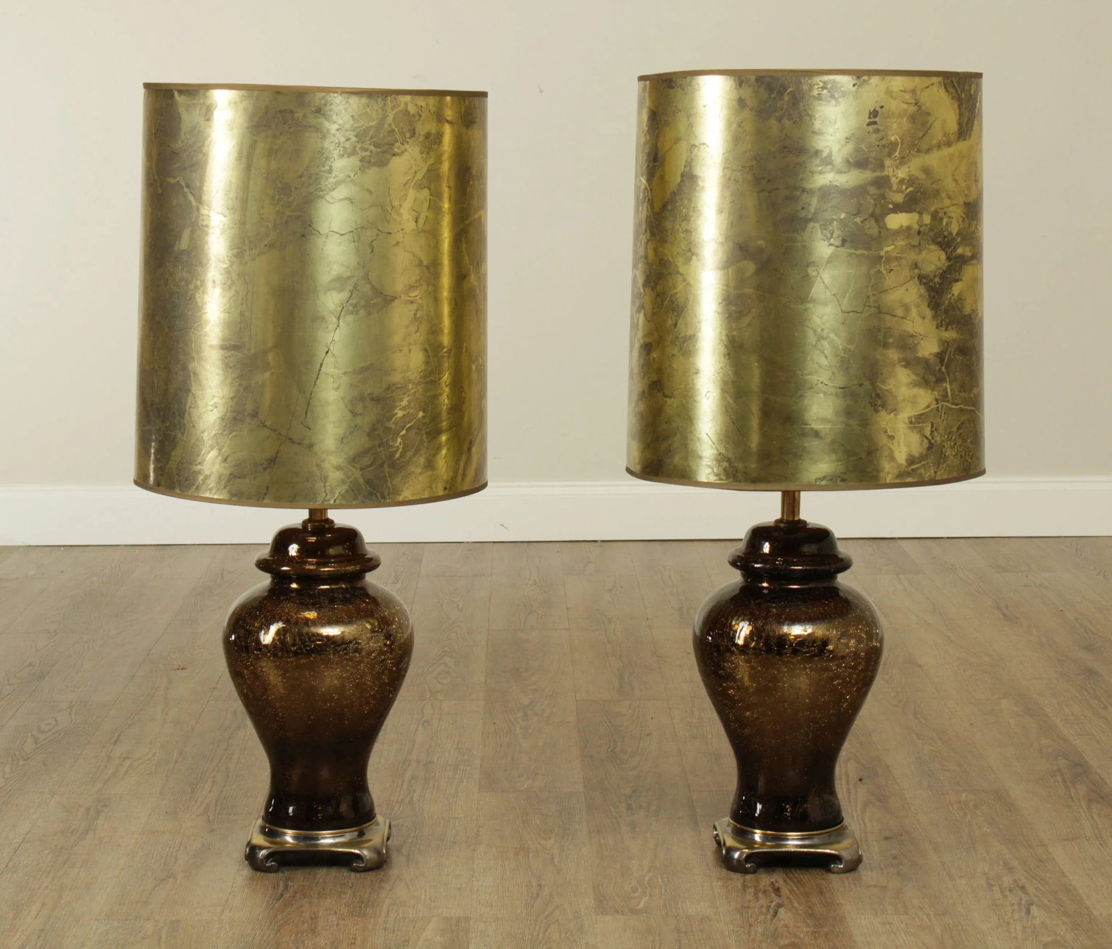 Hollywood Regency 1970s Vintage Gold Crackle Glass Ginger Jar Lamps - a Pair - 2