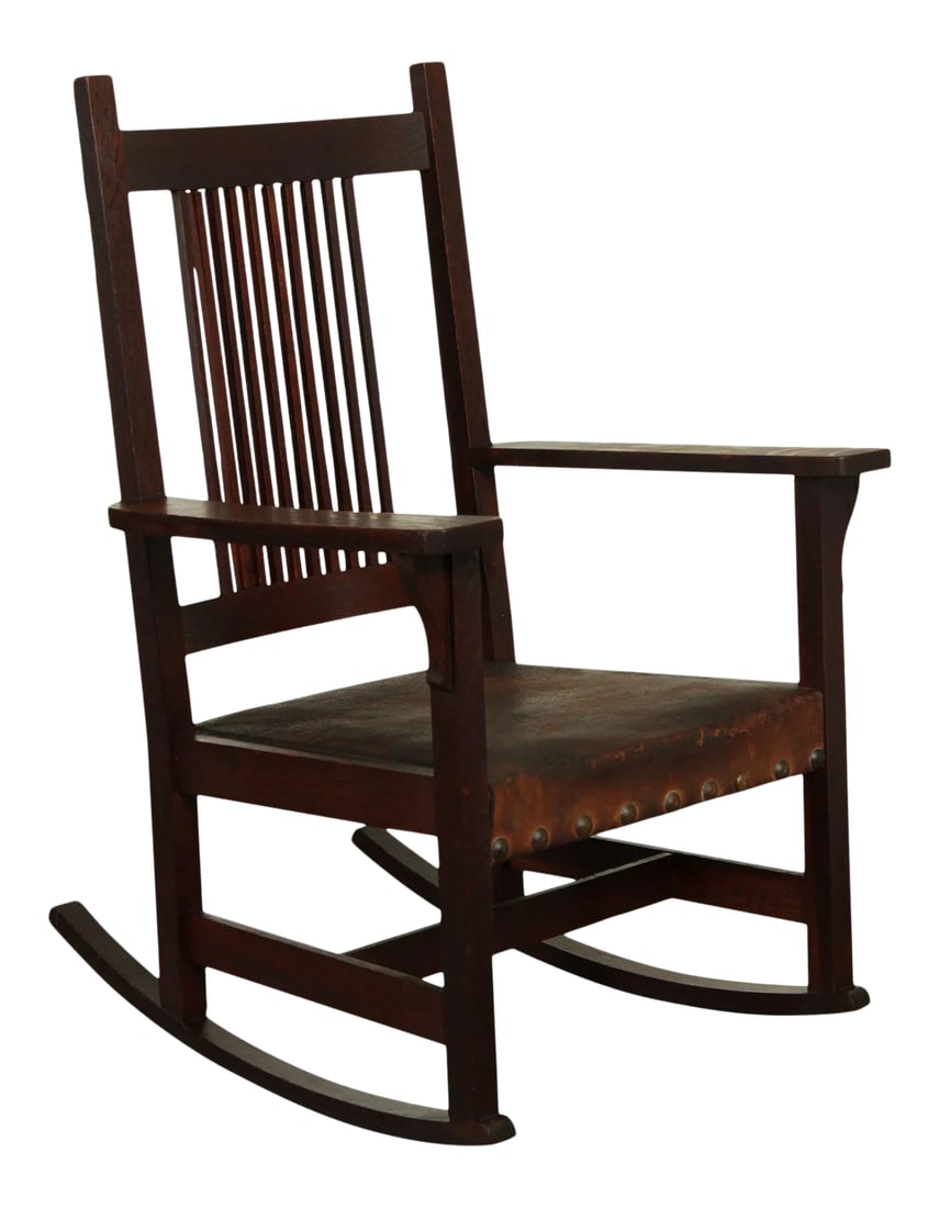 Antique Mission Oak Spindle Back Rocker: High Quality American Made Solid Oak Mission Style Rocker with Leather Seat Possibly Stickley Not Labeled Condition: Alterations: Original Condition Unaltered Imperfections: Some Imperfections