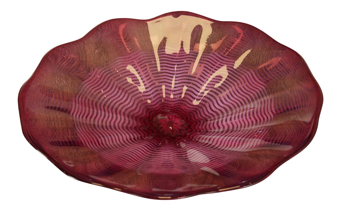 Chatham Glass Co. Hand Blown Cranberry Art Glass Plate 1980: High Quality Hand Blown Art Glass decorative Plate Signed Chatham Glass Co. 1980 Condition: Alterations: Original Condition Unaltered Imperfections: Some Imperfections Condition Notes: Clean pre-owned