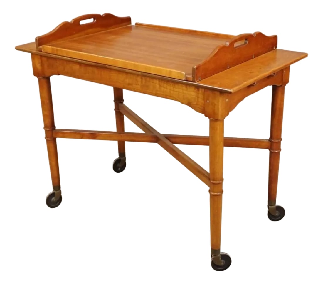 1970s Stickley Wooden Rolling Wooden Bar Cart With Removable Tray (1 of 9)