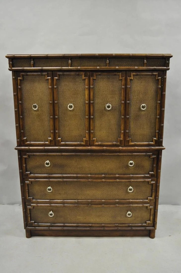 Drexel Chinese Chippendale Faux Bamboo Fretwork Rattan Tall Chest Dresser - 13