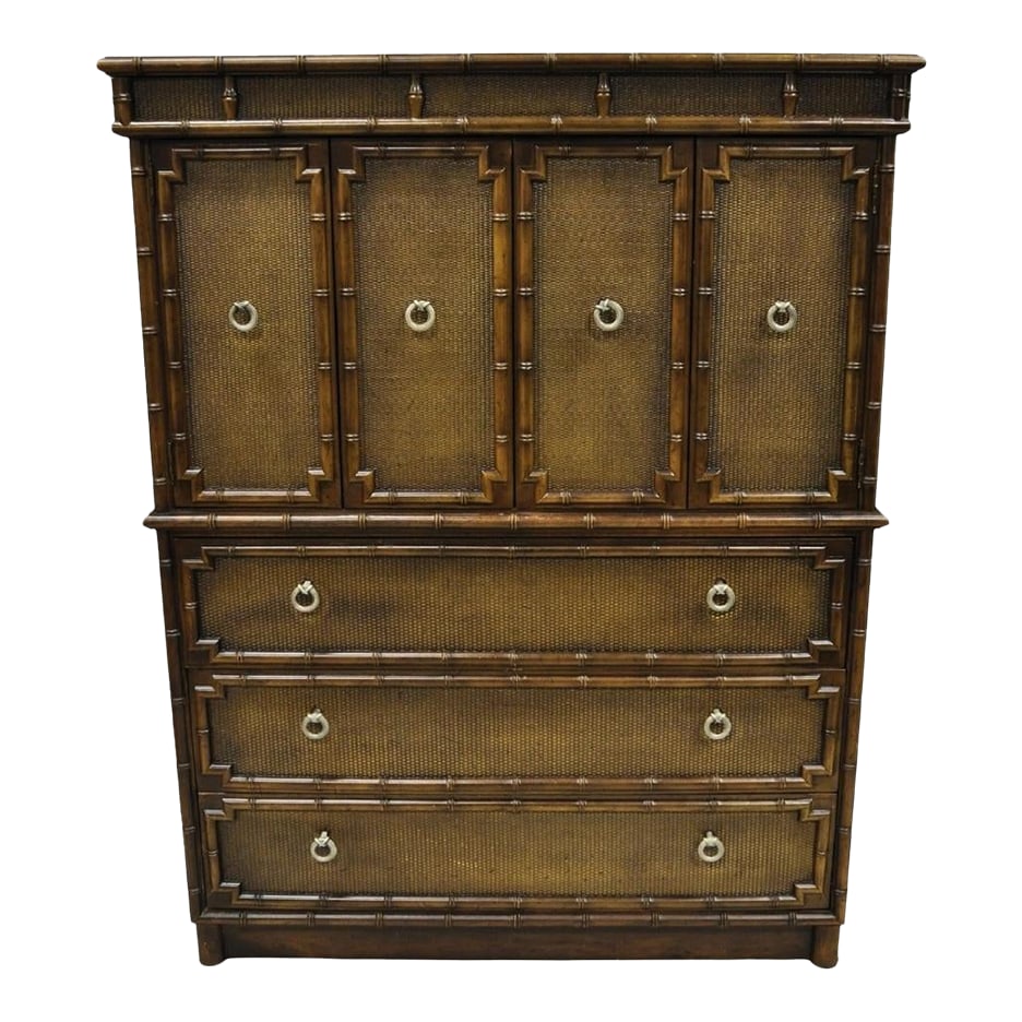 Drexel Chinese Chippendale Faux Bamboo Fretwork Rattan Tall Chest Dresser: Vintage Chinese Chippendale Faux Bamboo Fretwork Rattan Tall Chest Dresser Cabinet by Drexel. Item features a cabinet upper with fitted interior, carved wood faux bamboo fretwork, and rattan fronts. C