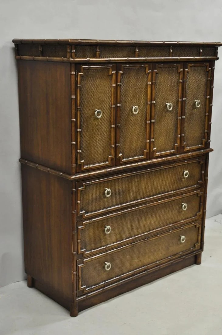 Drexel Chinese Chippendale Faux Bamboo Fretwork Rattan Tall Chest Dresser - 2