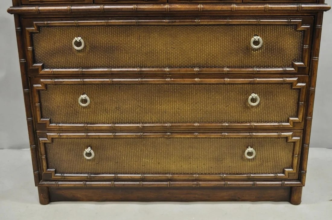 Drexel Chinese Chippendale Faux Bamboo Fretwork Rattan Tall Chest Dresser - 4