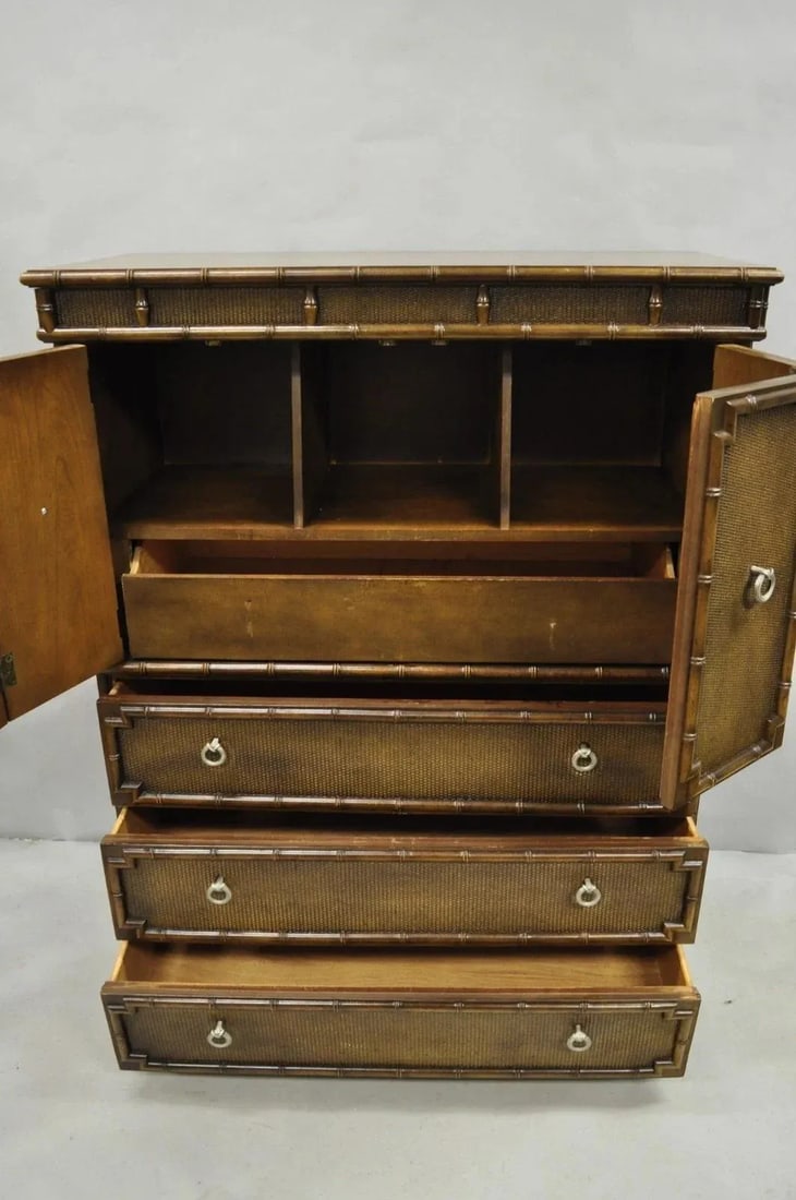 Drexel Chinese Chippendale Faux Bamboo Fretwork Rattan Tall Chest Dresser - 6