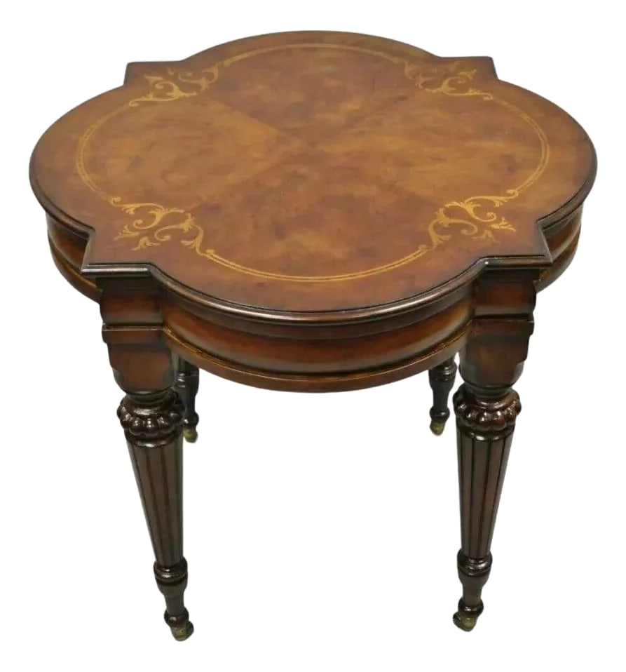 Ethan Allen Italian Mediterranean Style Marquetry Inlay Accent Side Center Table: Ethan Allen Italian Mediterranean Style Marquetry Inlay Accent Side Center Table. Item features rolling casters, solid wood construction, beautiful wood grain, nicely carved details, original labels.