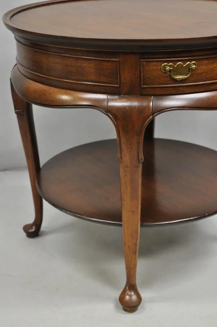 Vintage English Queen Anne Style Round Walnut Wood Lamp Side Table by Hekman - 11