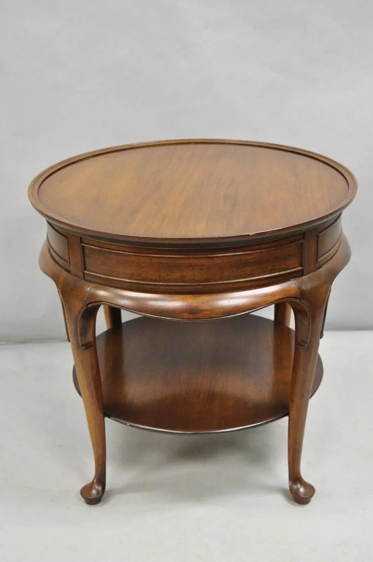 Vintage English Queen Anne Style Round Walnut Wood Lamp Side Table by Hekman - 12